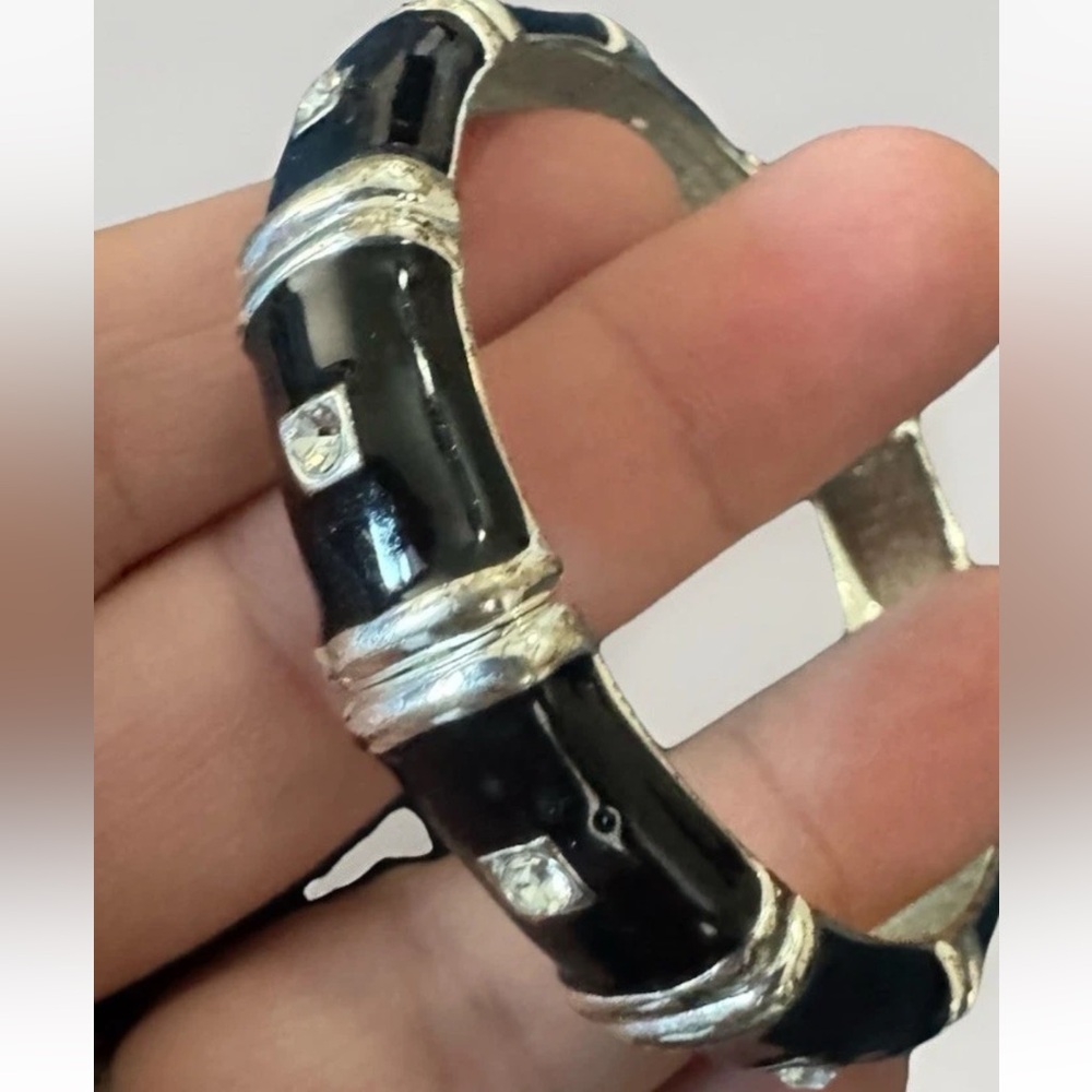 Vintage Bangle Bracelet Black Enamel Rhinestones Bamboo Style 7.8” Hinged Classy